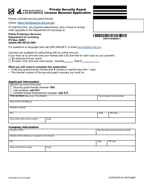 Form PSG-690-010 Private Security Guard License Renewal Application - Washington