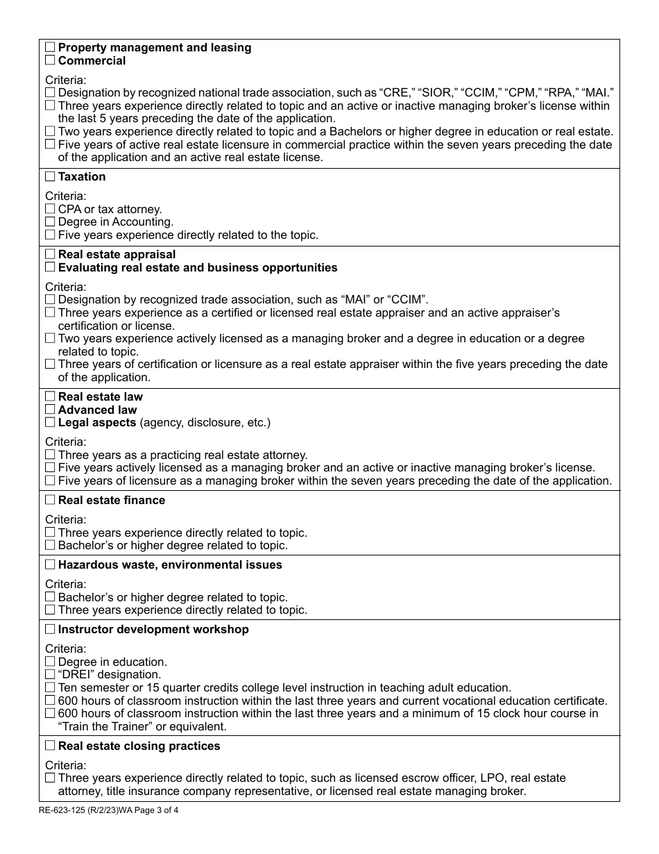 Form RE-623-125 Real Estate Instructor Approval Application - Washington, Page 3
