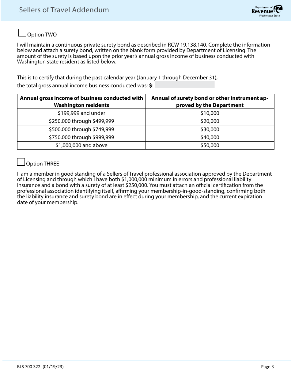 Form BLS700 322 Sellers of Travel Addendum - Washington, Page 3
