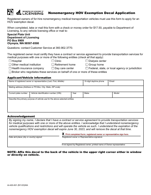 Form AI-420-501 Nonemergency Hov Exemption Decal Application - Washington