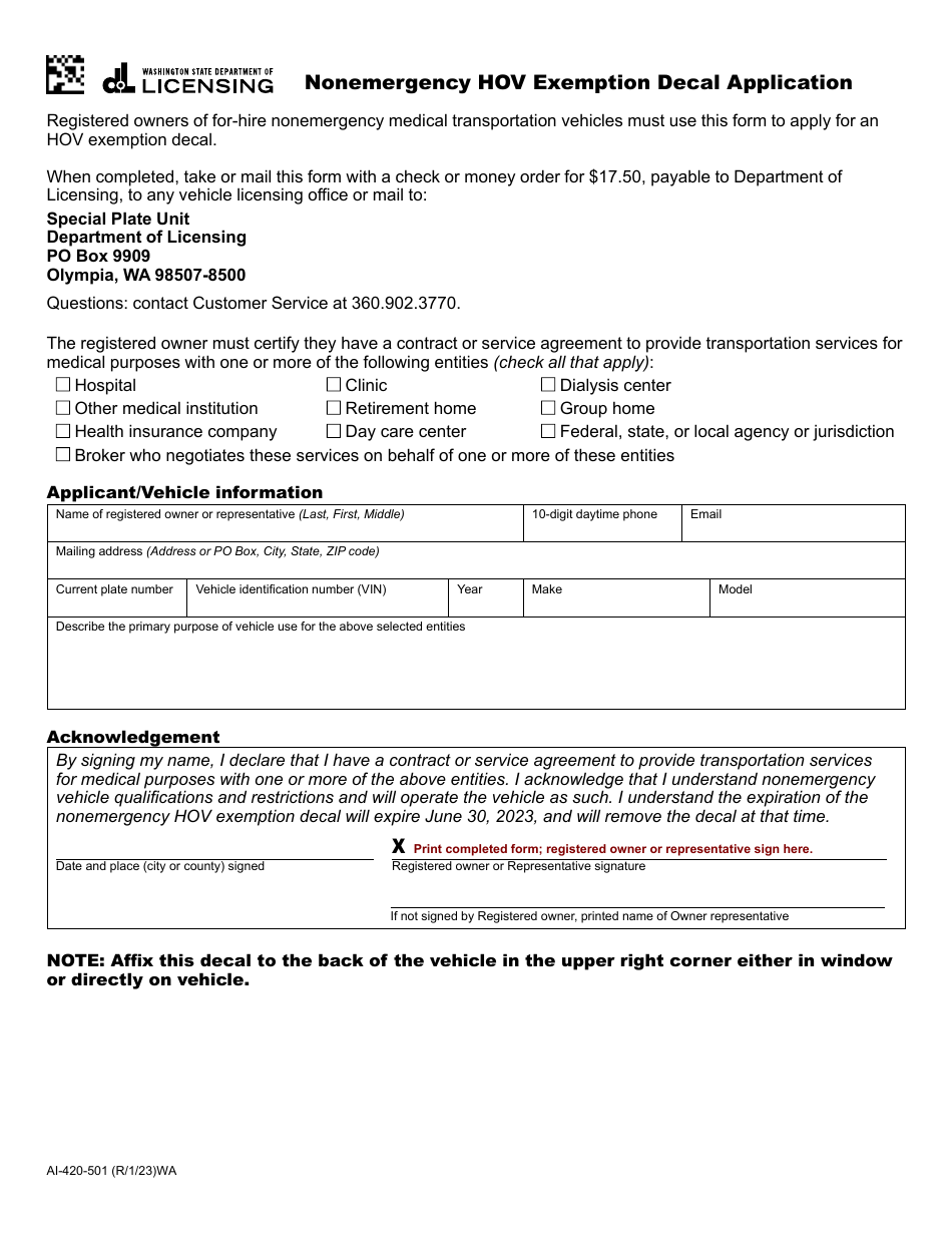 Form AI-420-501 Nonemergency Hov Exemption Decal Application - Washington, Page 1