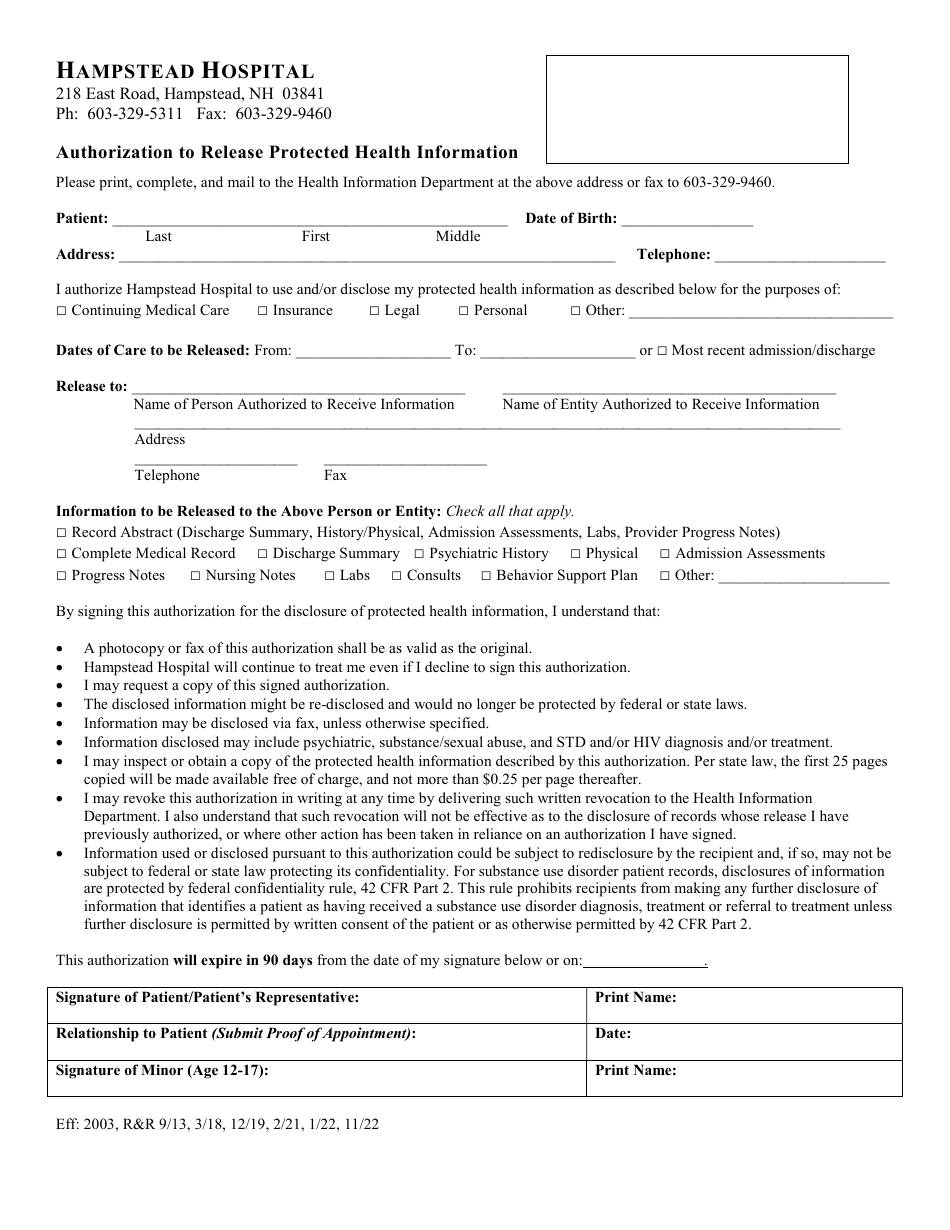 Authorization to Release Protected Health Information - Hampstead Hospital - New Hampshire, Page 1
