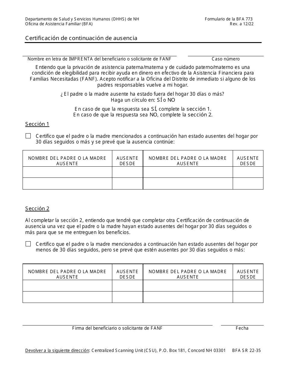 BFA Formulario 773 Certificacion De Continuacion De Ausencia - New Hampshire (Spanish), Page 1