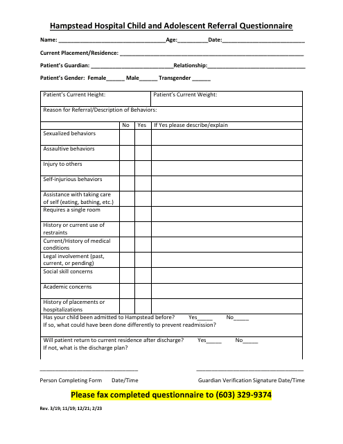 Hampstead Hospital Child and Adolescent Referral Questionnaire - New Hampshire Download Pdf