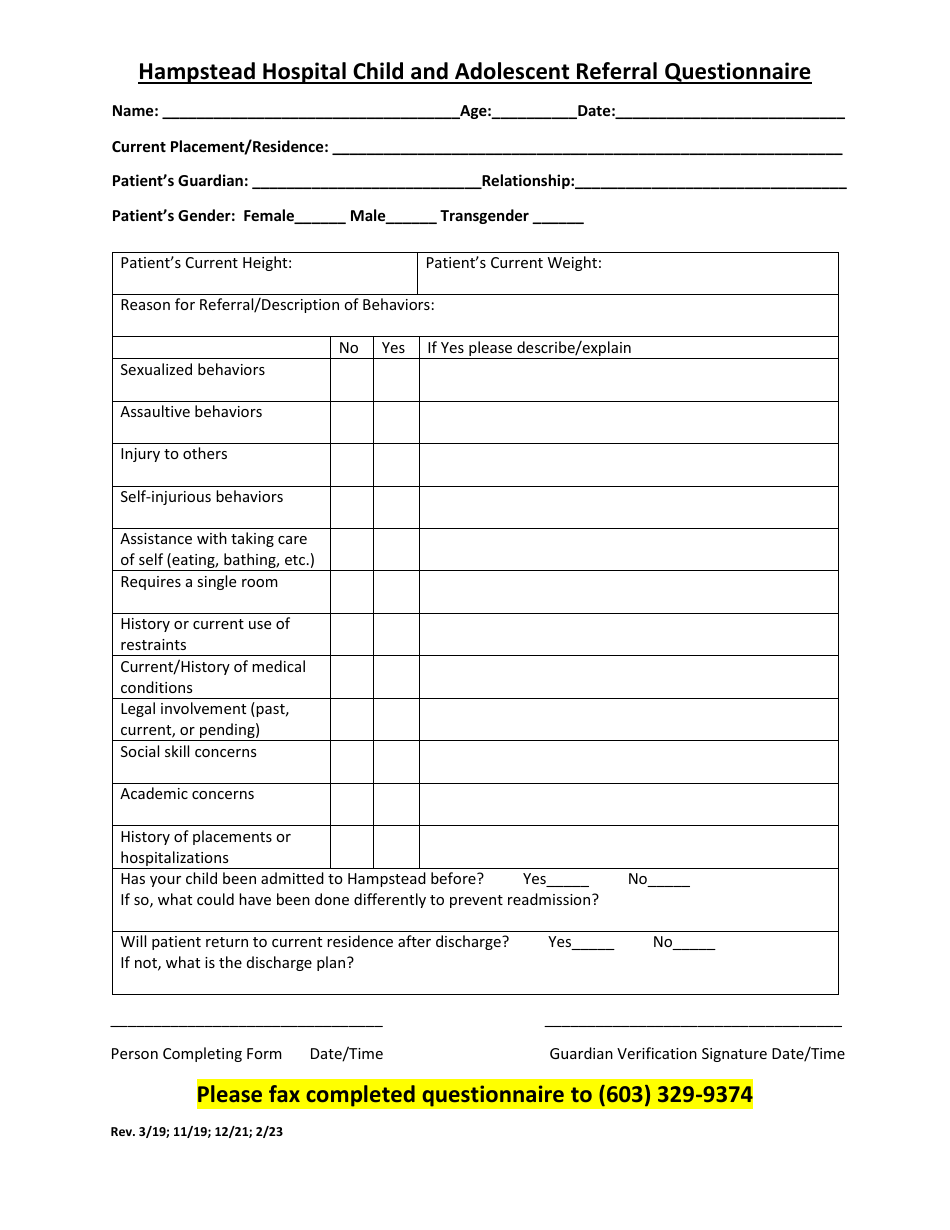 Hampstead Hospital Child and Adolescent Referral Questionnaire - New Hampshire, Page 1