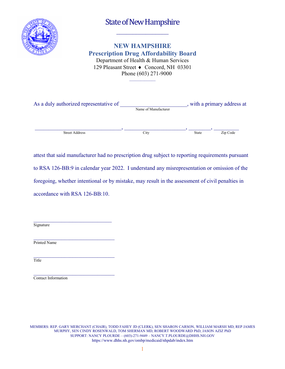 Pdab Reporting Attestation Form - New Hampshire, Page 1
