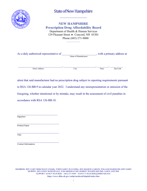 Pdab Reporting Attestation Form - New Hampshire, 2022