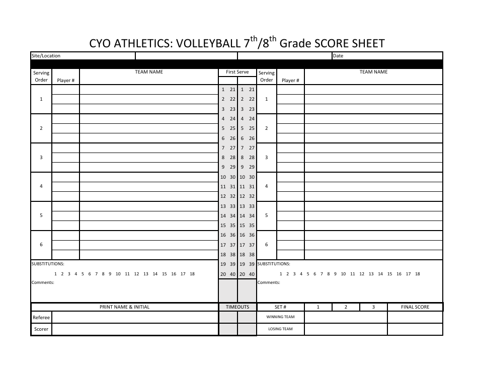 Volleyball 7th/8th Grade Score Sheet