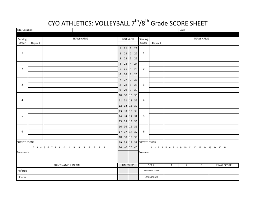 Volleyball 7th/8th Grade Score Sheet