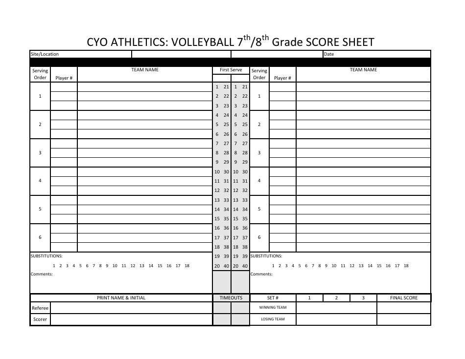 Volleyball 7th/8th Grade Score Sheet Download Printable PDF ...