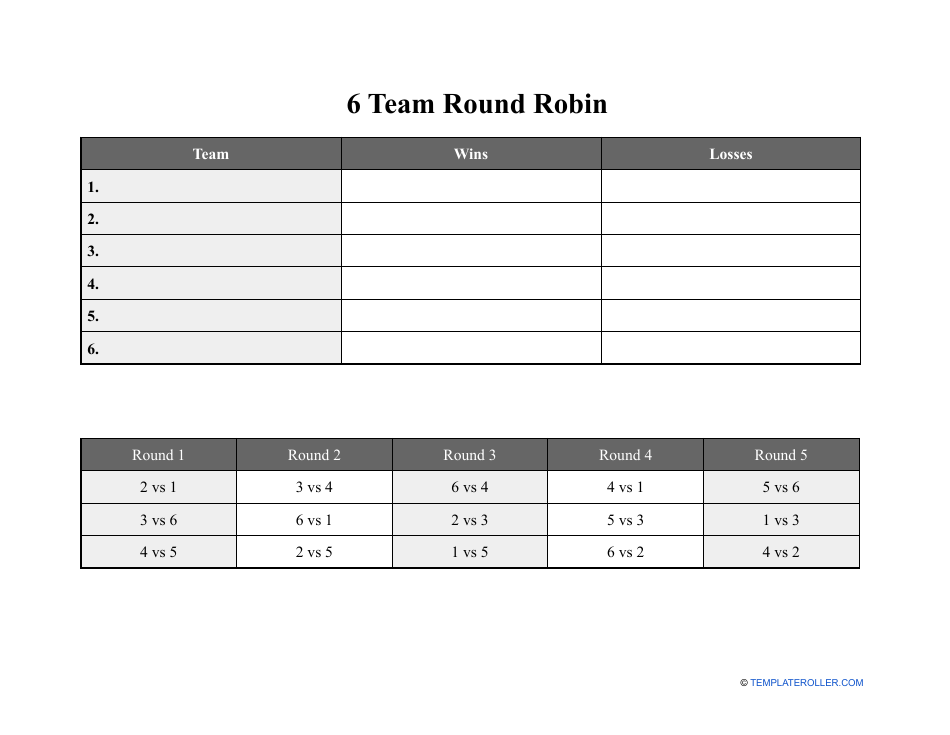 Round robin tournament template for 6 teams