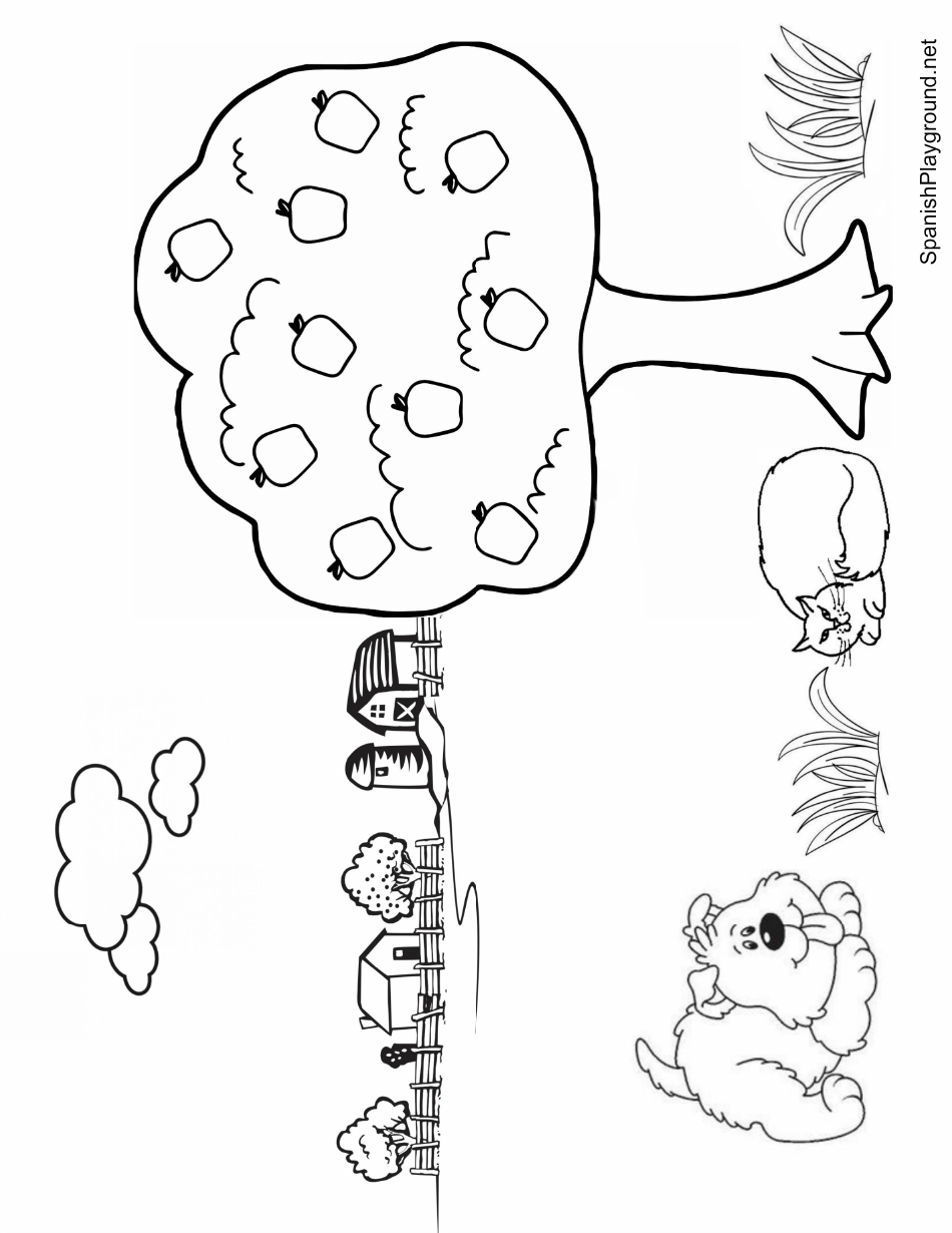 Farm coloring page with an apple tree