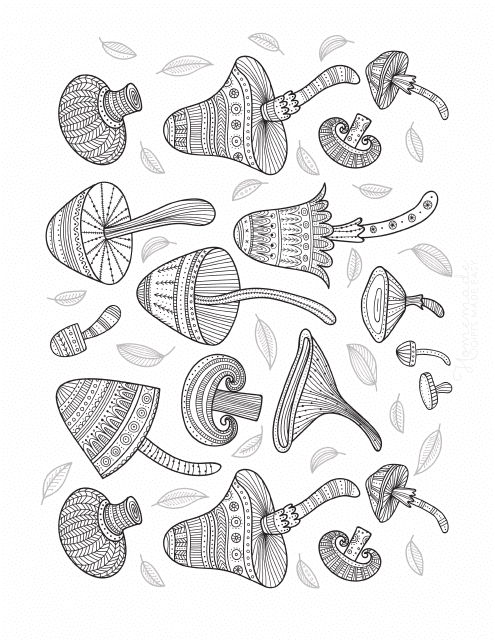 Mystical Mushrooms Coloring Page - Beautiful and Imaginative Mushroom Art in a Colorful Coloring Page Design