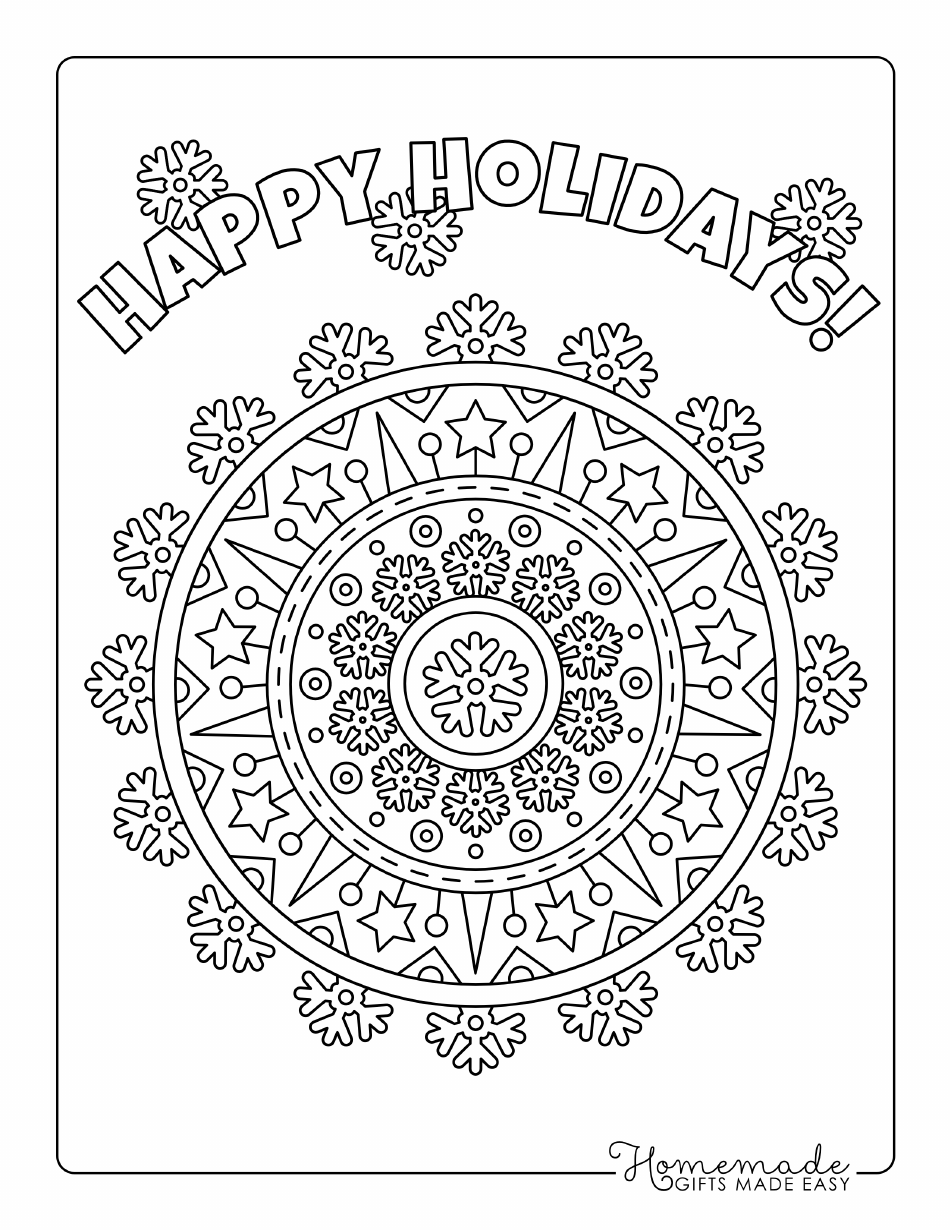 Happy Holidays Mandala Coloring Page - Relax and unwind during the holidays with this beautiful mandala coloring page. Sit back and enjoy as you bring this intricate design to life with your choice of festive coloring tools. Enhance your Christmas spirit or add some jolly flair to any winter celebration with this artistic and relaxing activity. Discover the joy of coloring and let your creativity flow!
