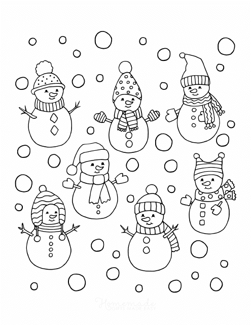 Snowman Friends Coloring Page - Cute snowmen having fun in a winter wonderland.