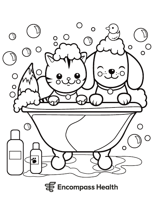 Pets Coloring Page - Cat and Dog Bathing