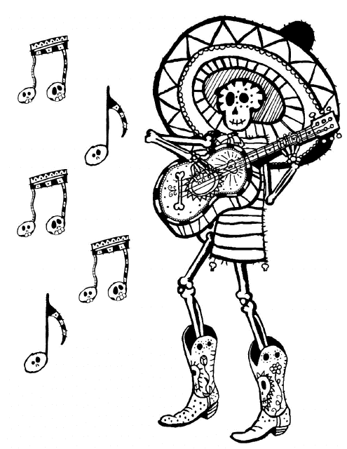 Day of the Dead Coloring Page showcasing Mariachi