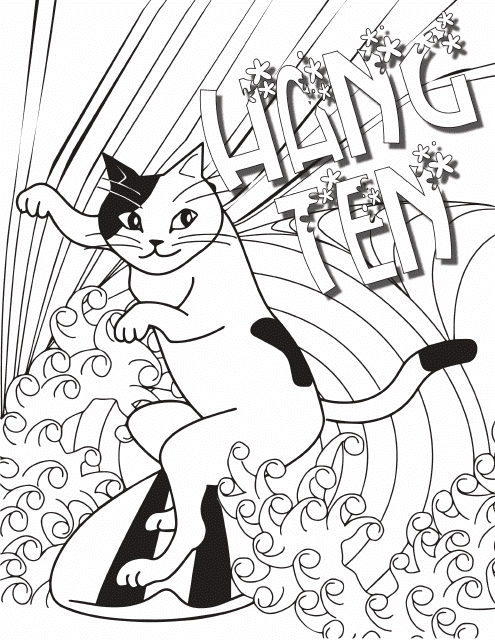 Surfing Cat Coloring Sheet