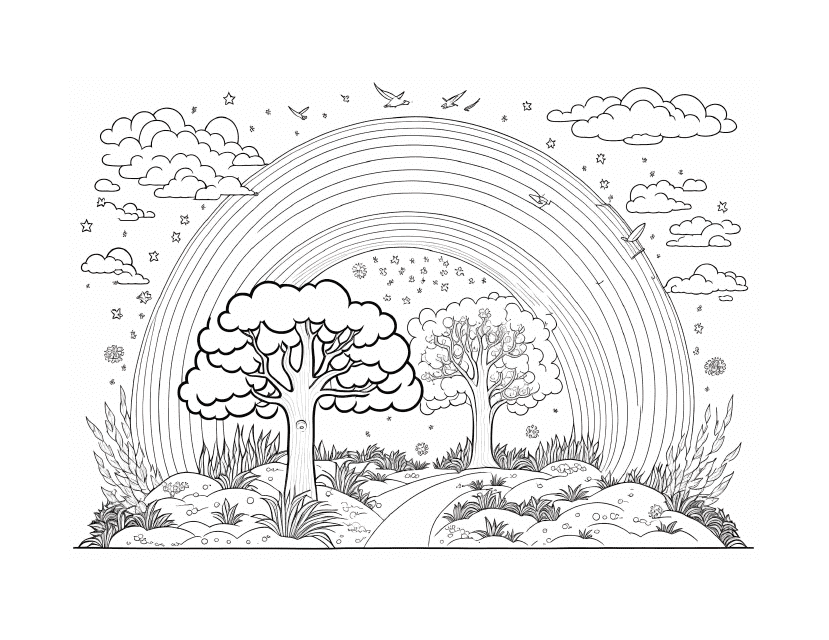 Coloring sheet with a playful and vibrant representation of a magical rainbow