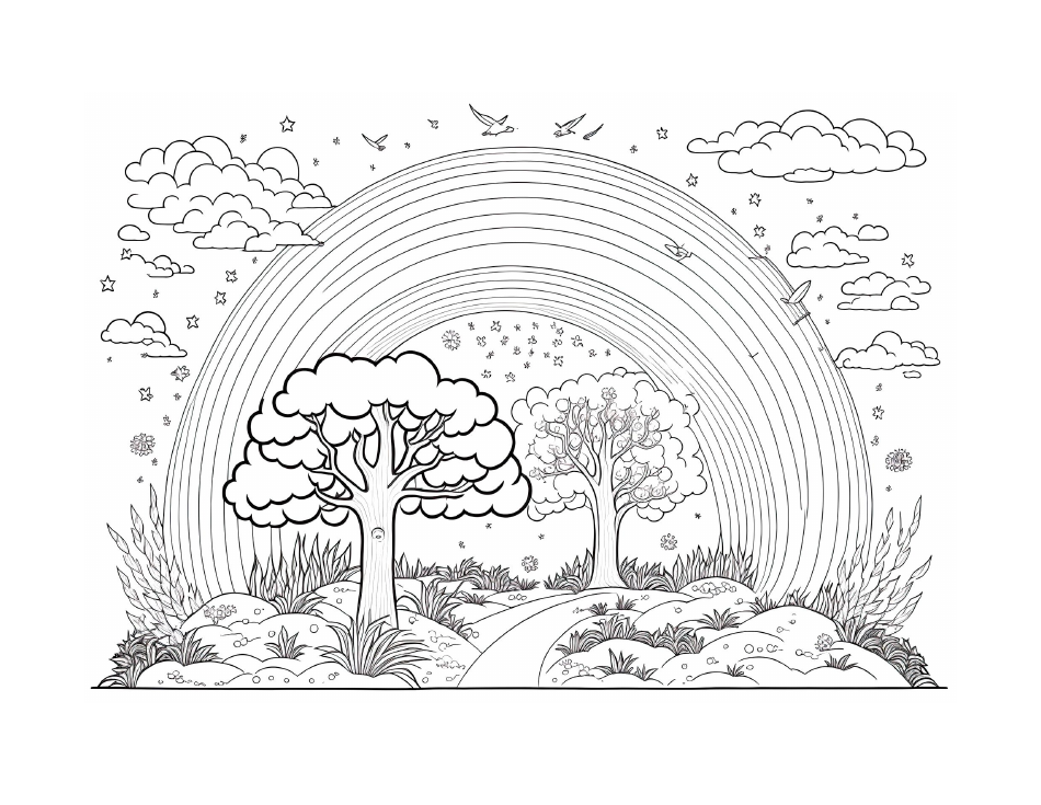 Coloring sheet with a playful and vibrant representation of a magical rainbow