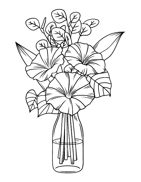 Flowers in a Bottle Coloring Page - A delightful and mesmerizing coloring page featuring a beautifully designed bouquet of flowers inside a glass bottle. Let your creativity bloom as you give life to these intricately designed petals, perfectly capturing the essence of nature's beauty.
