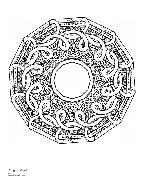 Dragon Wheel Mandala Coloring Page Preview - A mesmerizing mandala design representing a magnificently intricate dragon surrounded by intricate patterned details.
