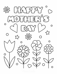 Document preview: Mother's Day Coloring Page - Flowers and Hearts