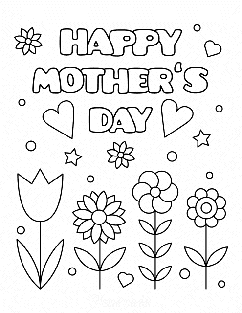 Mother's Day coloring page with beautiful flowers and hearts