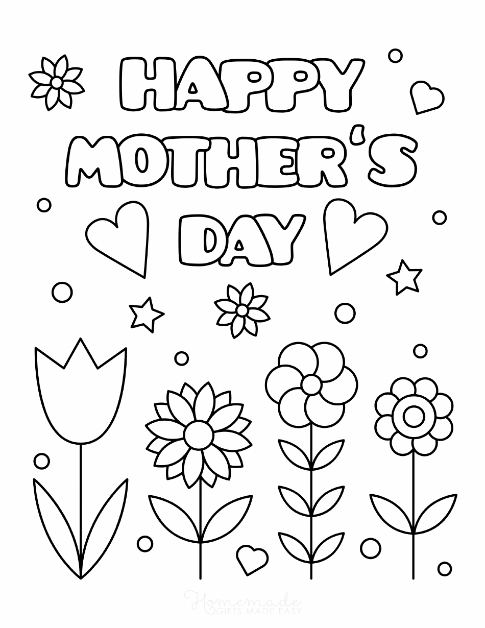 Mother's Day coloring page with beautiful flowers and hearts