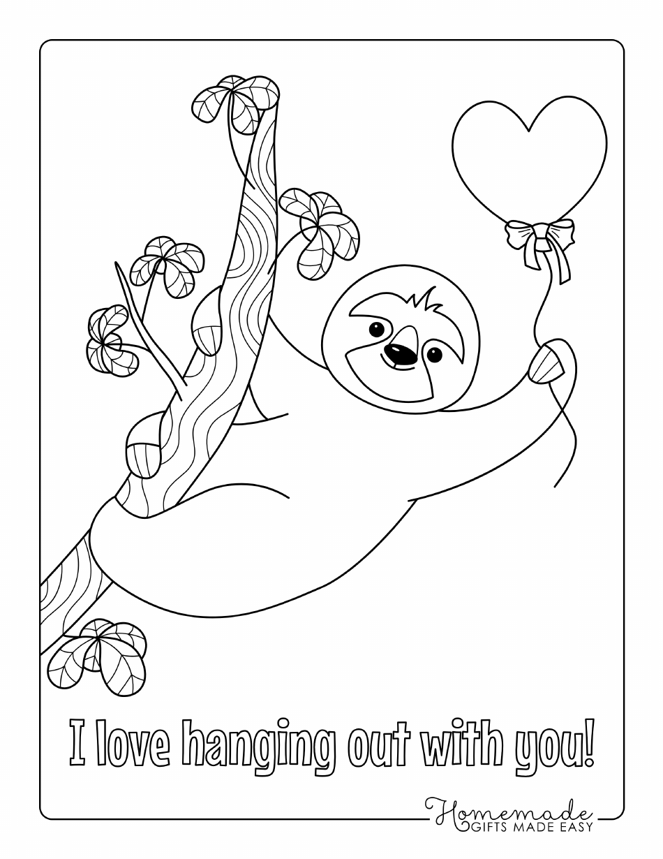 Valentine's Day Coloring Page featuring a cute sloth