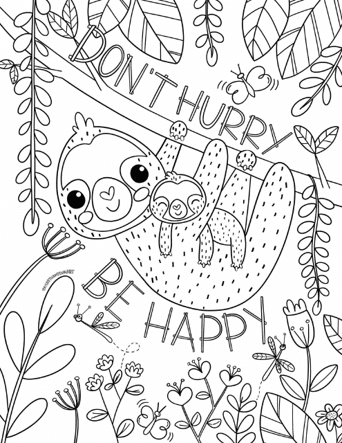 Happy Sloth Coloring Page - Printable PDF document for coloring enthusiasts