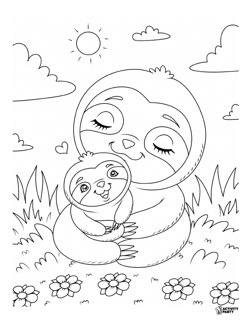 Sloth Mother and Baby Coloring Page | Printable Coloring Sheet
