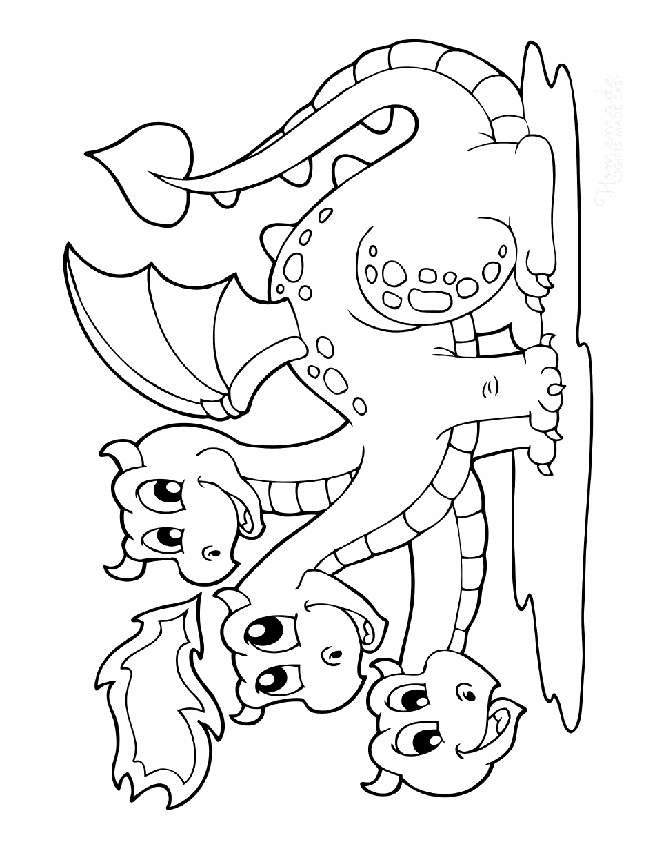 Little Three-Headed Dragon Coloring Page - Add color and life to your child's imagination with this adorable coloring page featuring a little three-headed dragon. Let your little ones unleash their creativity as they download and print this delightful coloring page from Templateroller.com.