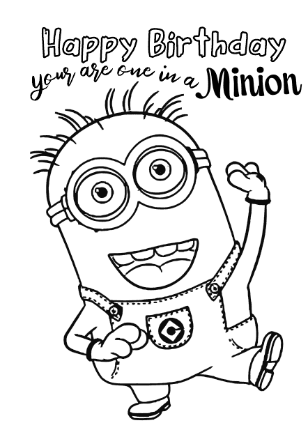 Birthday Coloring Page featuring a cute and cheerful Minion character