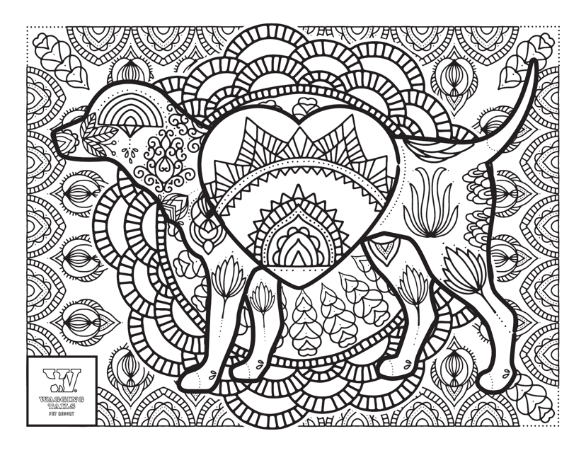 An intricate and relaxing dog mandala coloring page design for all ages.