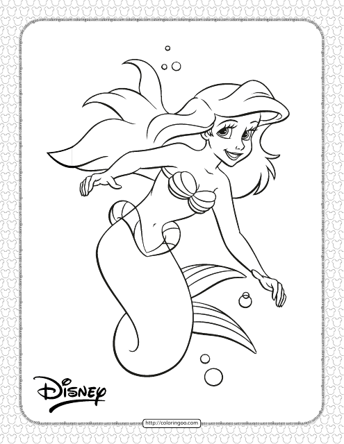 Ariel Disney Coloring Page - Delightful underwater image of Ariel from Disney's beloved movie, "The Little Mermaid". This enchanting coloring page showcases Ariel's vibrant red hair, shimmering green tail, and captivating personality.
