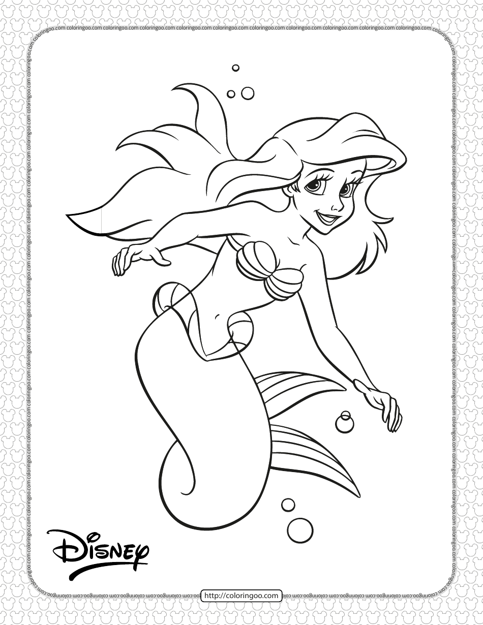 Ariel Disney Coloring Page - Delightful underwater image of Ariel from Disney's beloved movie, "The Little Mermaid". This enchanting coloring page showcases Ariel's vibrant red hair, shimmering green tail, and captivating personality.
