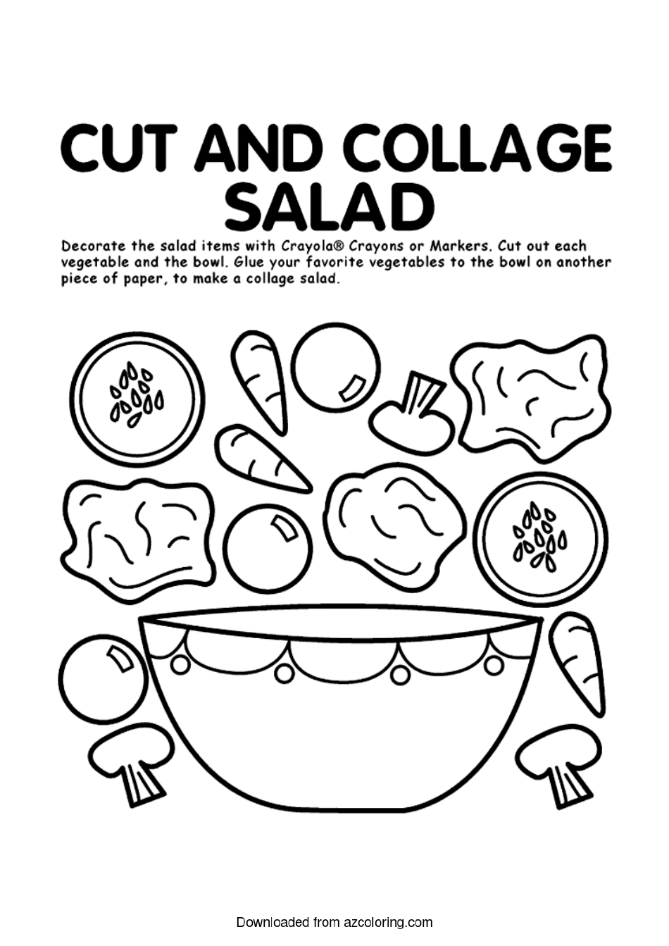 Coloring sheet of a Salad Collage with various veggies and ingredients