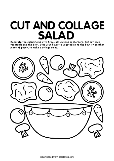Coloring sheet of a Salad Collage with various veggies and ingredients