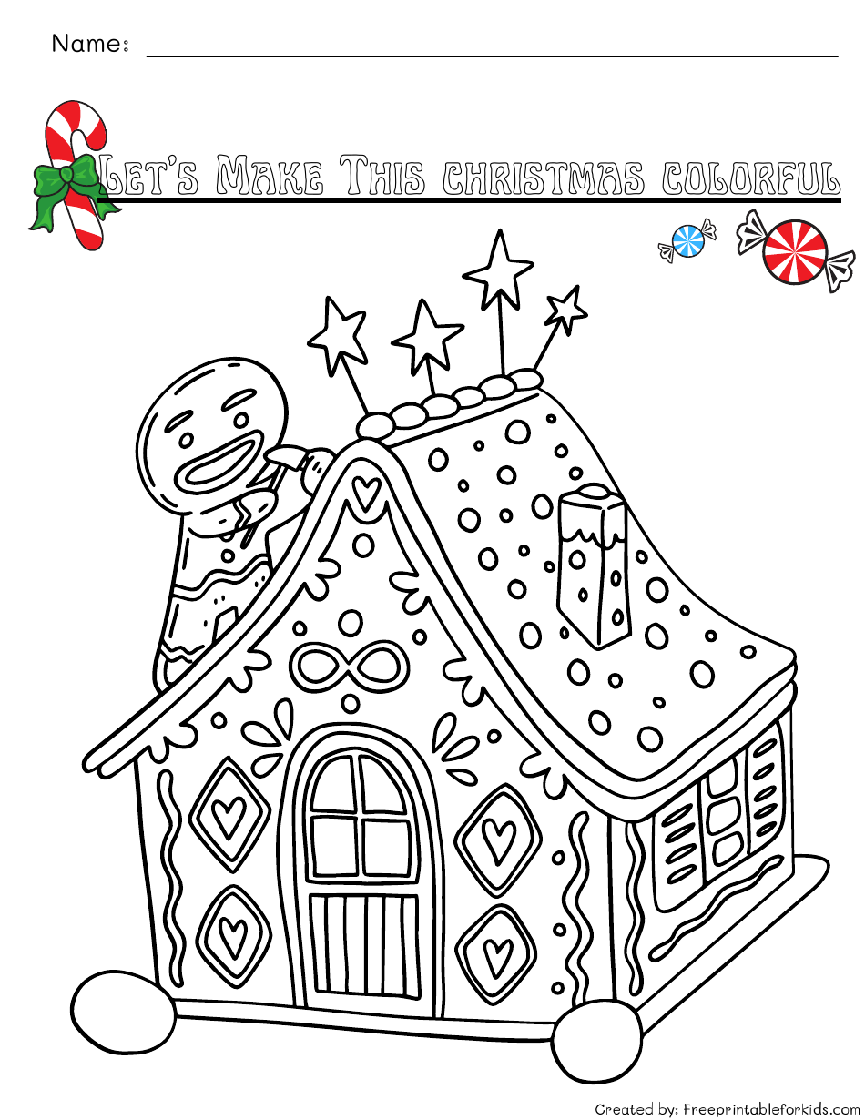Gingerbread house coloring page for Christmas