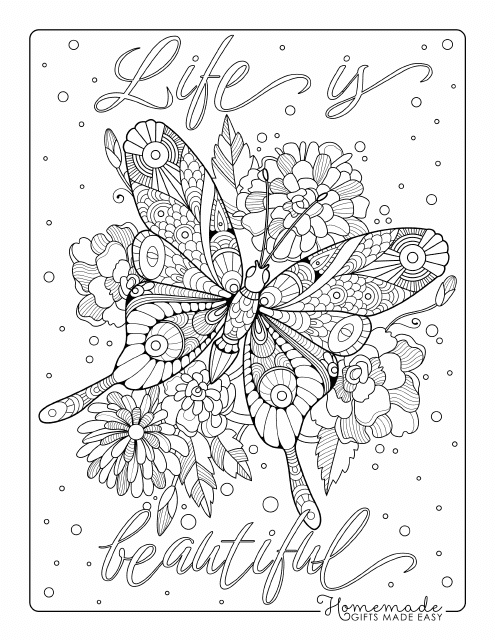 Butterfly coloring page for adults titled "Life Is Beautiful