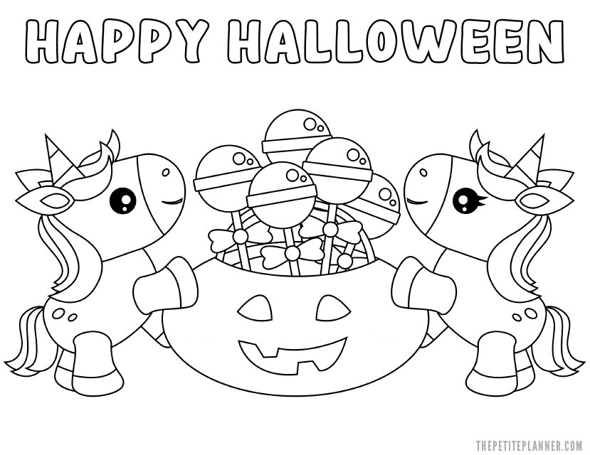 Happy Halloween Coloring Page with Unicorns