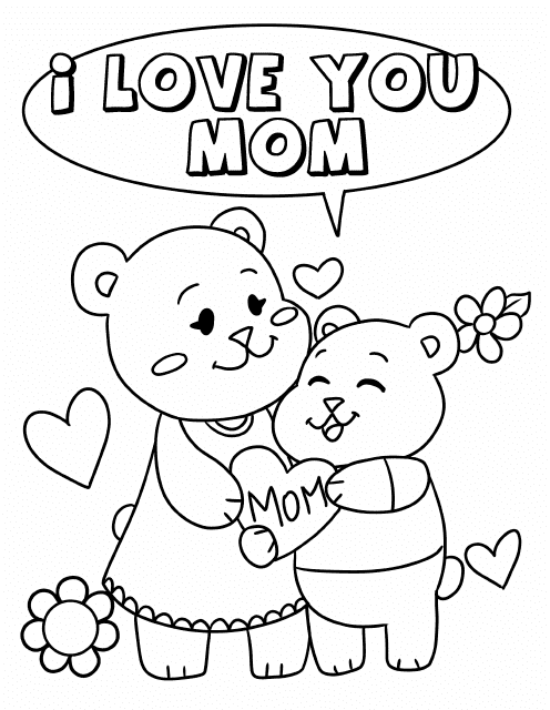 Heart-shaped coloring page with the words "I Love You Mom" written in elegant script. Perfect for special occasions like Mother's Day or birthdays. Express your love and appreciation to your mom through coloring and making this page your masterpiece.