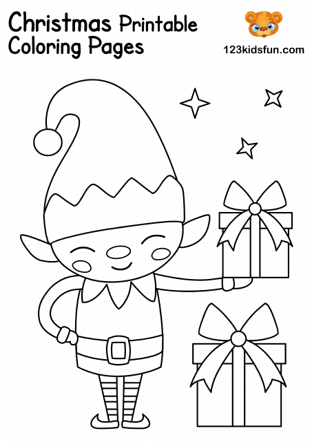Christmas Coloring Page - Cheerful Elf With Colorful Gifts