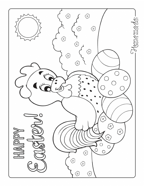 Happy Easter Coloring Page - Hen With Eggs