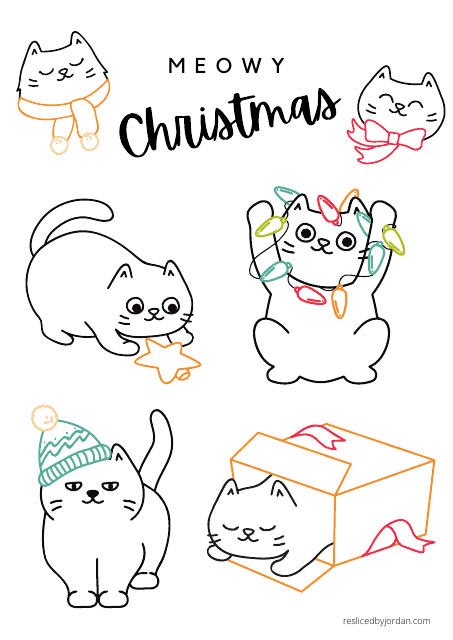 Meowy Christmas Coloring Page - Printable Cat Themed Holiday Coloring PDF