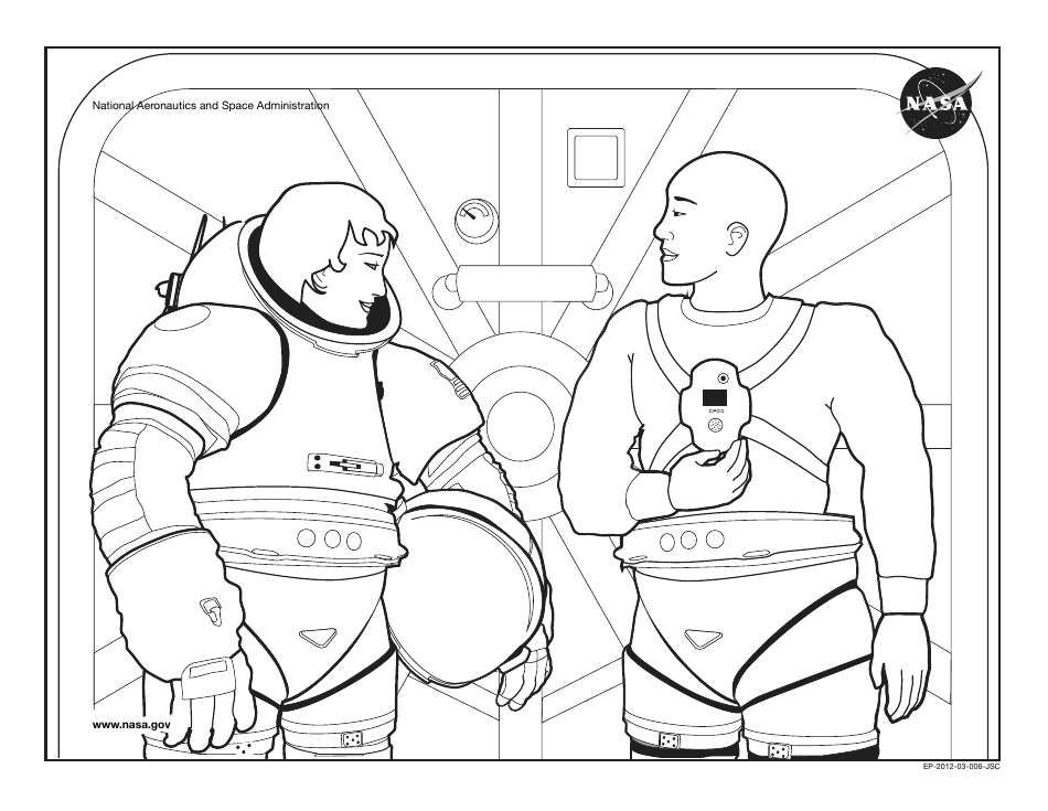 NASA coloring page featuring a man and woman astronauts