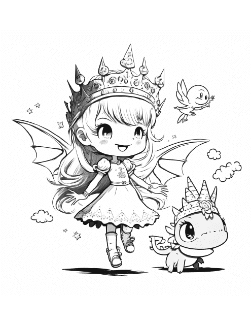 Little Princess With a Dragon Coloring Page