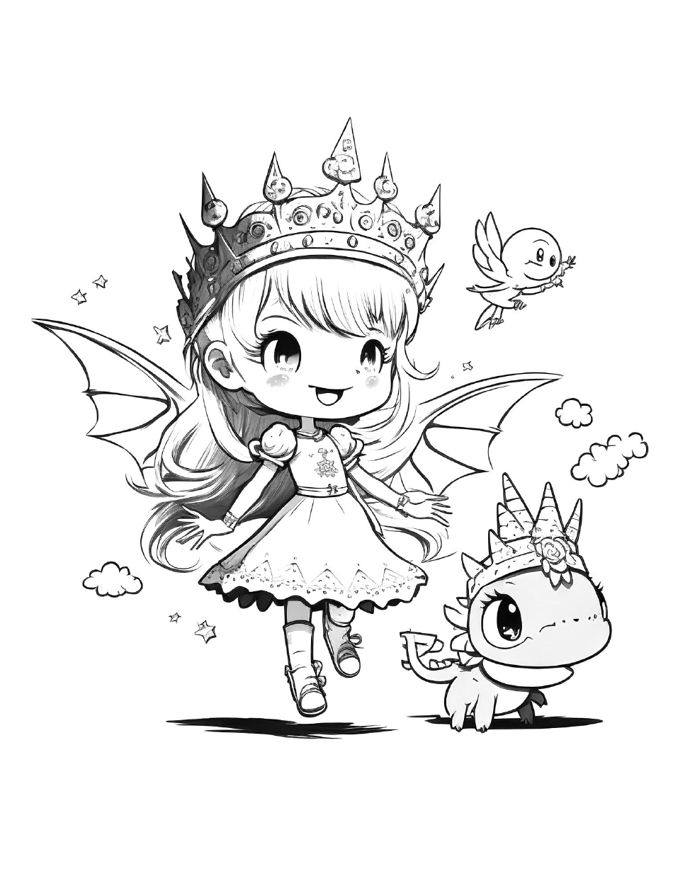 Little princess with a dragon coloring page - Printable image preview