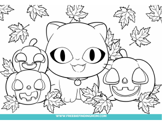 Document preview: Halloween Coloring Page - Cat With Pumpkins